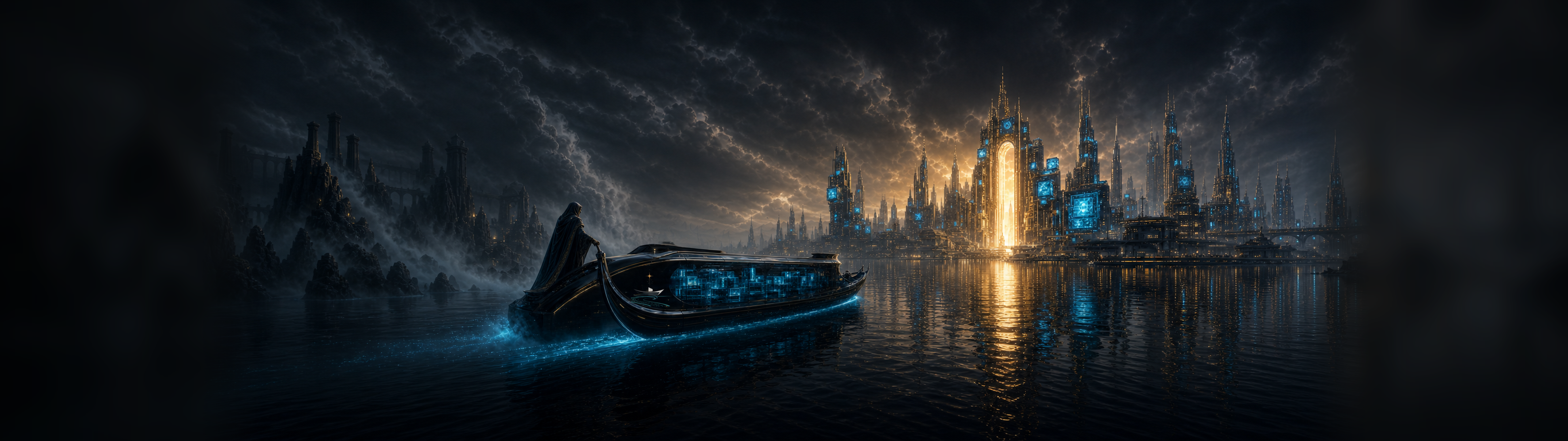 A dark data ferry crossing an underworld city lit by teal and amber lights.